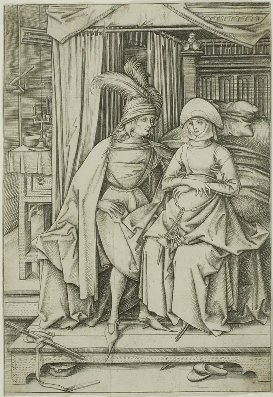 A Man and Woman Seated on a Bed Wall Art by Israhel van Meckenem, the younger - High-Resolution Digital Print