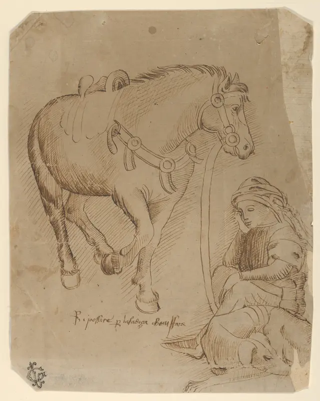 A Man Asleep Alongside a Dog and a Horse Wall Art by Stefano da Verona (Stefano di Giovanni d'Arbosio di Francia) - High-Resolution Digital Print