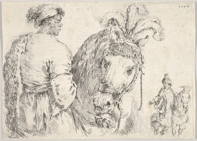 A man at left in profile giving a handful of hay to a horse at center, a horseman to the right in background Wall Art by Stefano della Bella - High-Resolution Digital Print