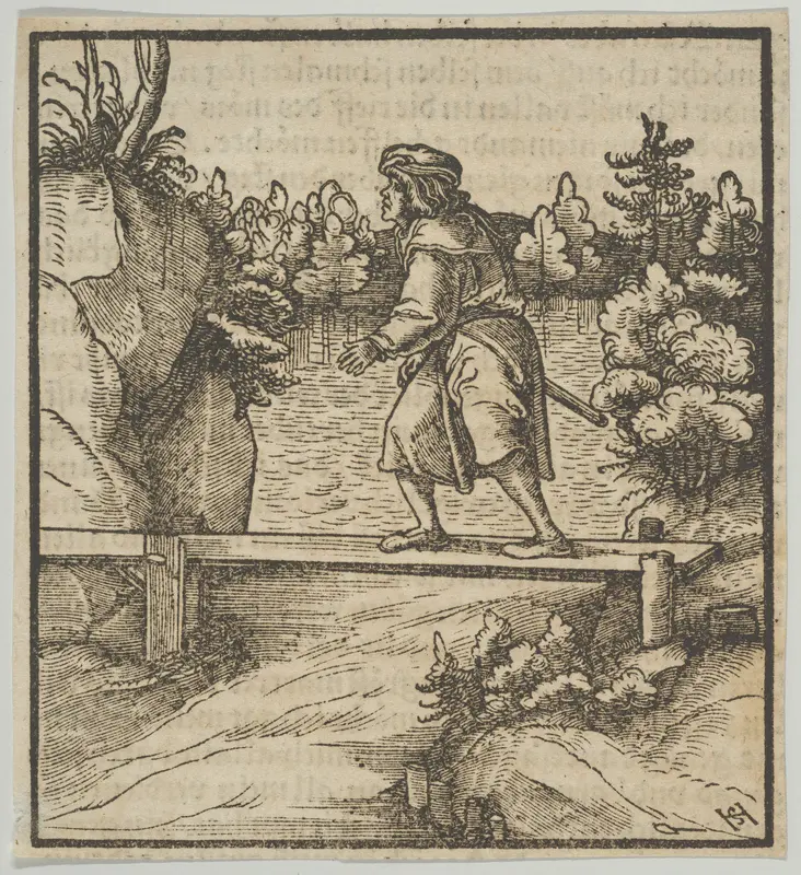 A Man Crossing a Small Bridge, from Hymmelwagen auff dem, wer wol lebt... Wall Art by Hans Schäufelein - High-Resolution Digital Print