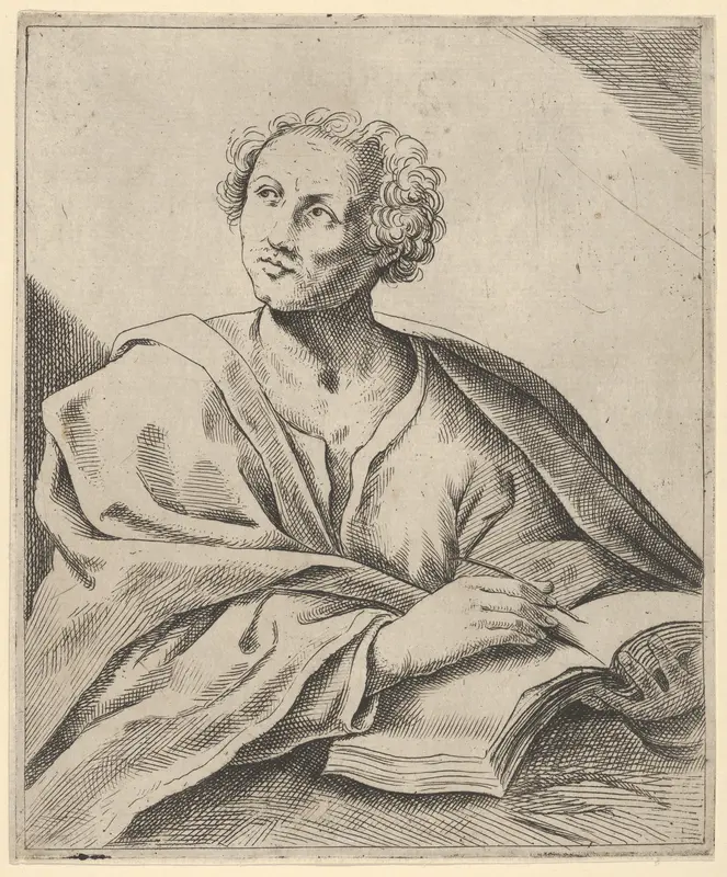 A man holding a book, about to write in it, looking upwards to the left Wall Art by Anonymous - High-Resolution Digital Print