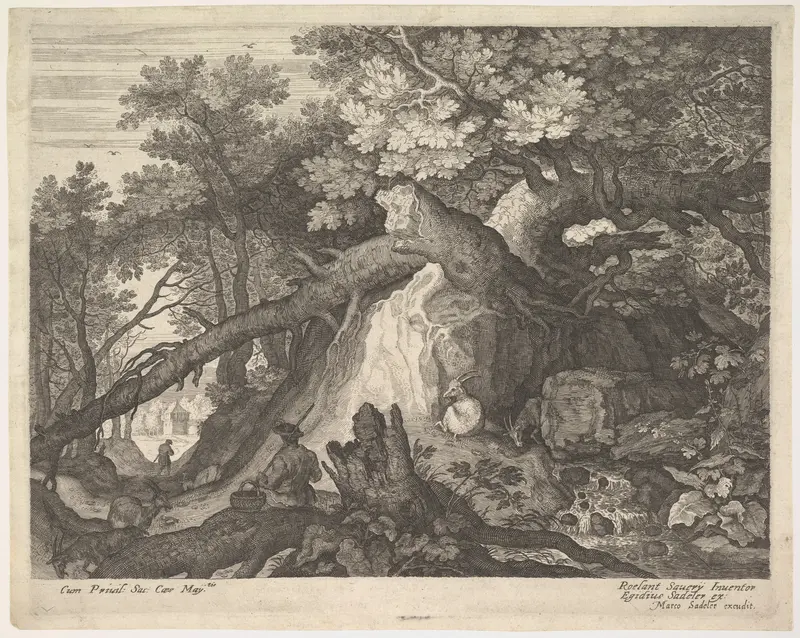 A man holding a staff and seated on a tree trunk; with two goats to either side; surrounded by downed trees, foliage, and a stream, from "Six Landscapes" Wall Art by Roelandt Savery - High-Resolution Digital Print