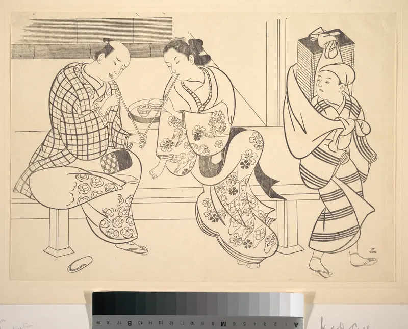 A Man Lighting His Pipe from that of A Young Woman who Sits Beside Him Wall Art by Okumura Masanobu - High-Resolution Digital Print