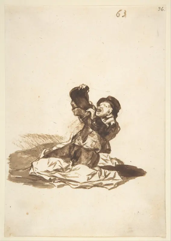 A man on the ground drinking from a wine skin; folio 63 from the "Images of Spain" Album (F)