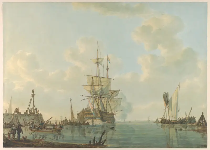 A Man O'War Lying at Anchor Wall Art by Johannes Christiaan Schotel - High-Resolution Digital Print