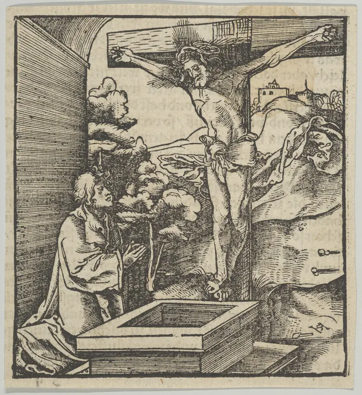 A Man Praying before a Crucifix, from Hymmelwagen auff dem, wer wol lebt... Wall Art by Hans Schäufelein - High-Resolution Digital Print