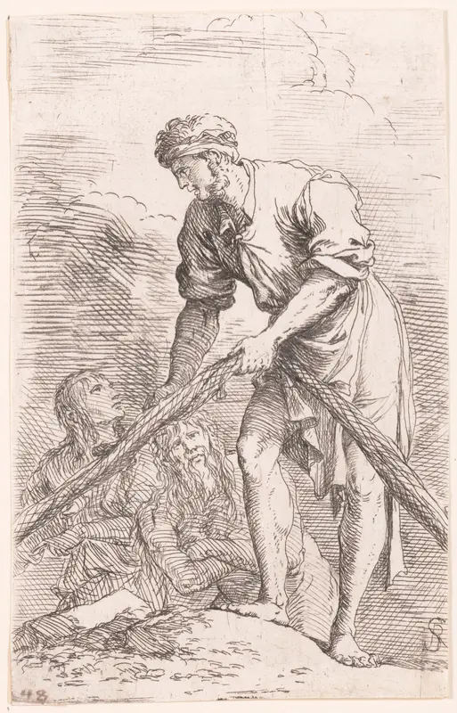 A man pulling a net with two figures behind him, from "Figurine" Wall Art by Salvator Rosa - High-Resolution Digital Print