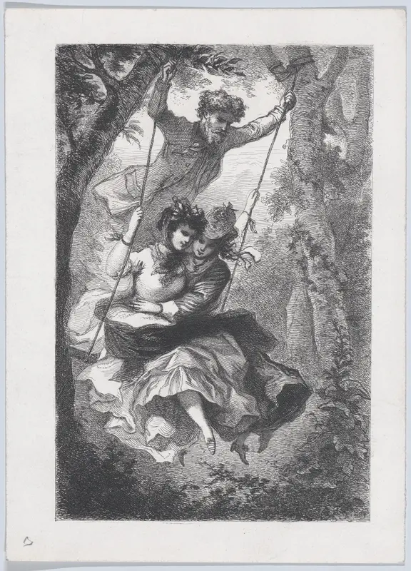 A Man Pushing Two Women on a Swing Wall Art by J. Cariven - High-Resolution Digital Print