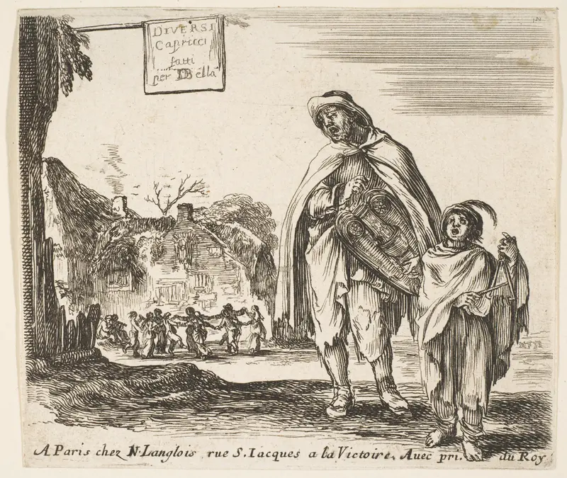A man sings and plays the hurdy gurdy, accompanied by a boy playing the triangle to right, a group of peasants dancing in a ring to left in background, plate 1 and title page for "Diversi capricci" Wall Art by Stefano della Bella - High-Resolution Digital Print
