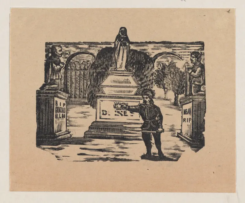 A man standing in front of three monuments Wall Art by José Guadalupe Posada - High-Resolution Digital Print