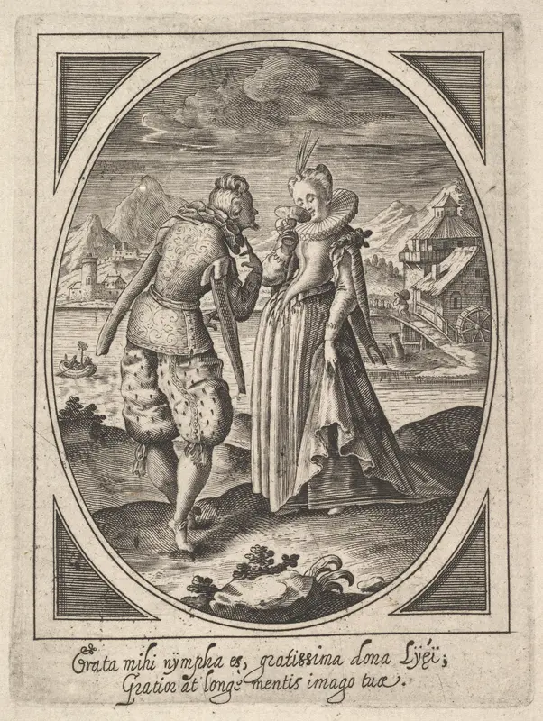 A man steps toward a woman who holds a goblet to her mouth, a watermill and mountains beyond Wall Art by Heinrich Ulrich - High-Resolution Digital Print