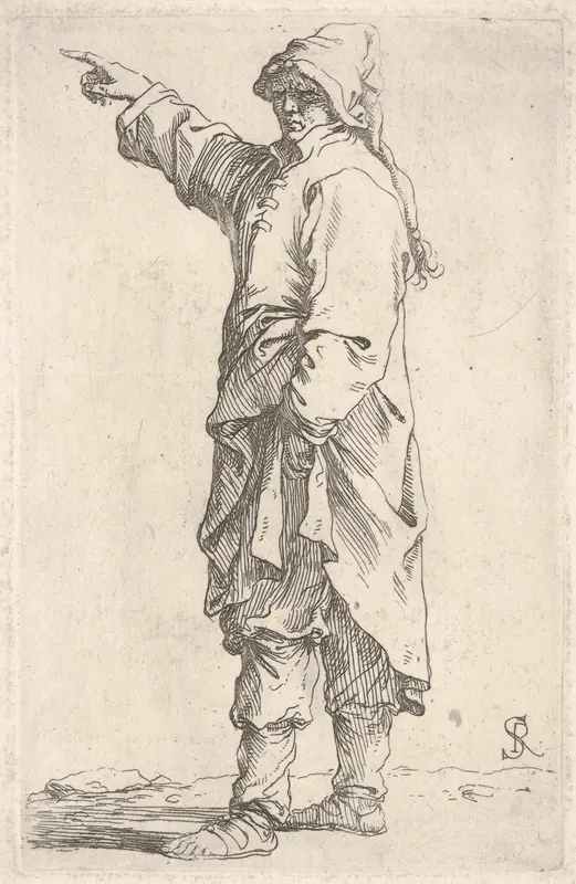 A man wearing a long outer garment and cap pointing to the left, from "Figurine" Wall Art by Salvator Rosa - High-Resolution Digital Print