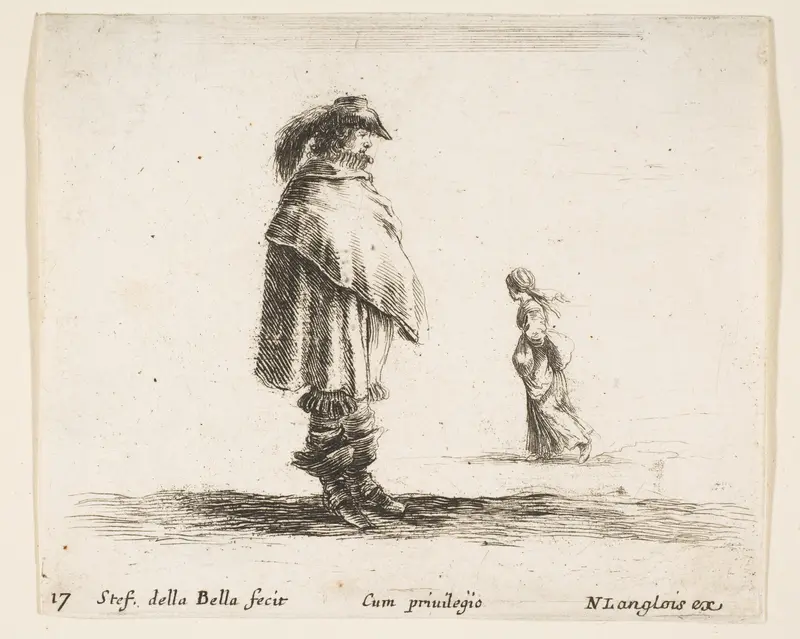 A man wearing a plumed hat in center facing right, a woman walking towards the left in the background, plate 17 from "Diversi capricci" Wall Art by Stefano della Bella - High-Resolution Digital Print
