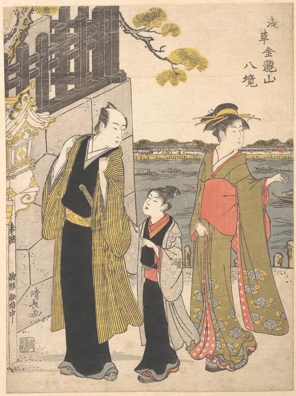 A Man with a Boy and a Geisha Visiting the Kinryusan Temple Wall Art by Torii Kiyonaga - High-Resolution Digital Print