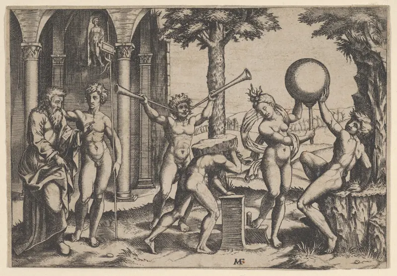 A man with two trumpets in the centre flanked by other figures including an old and a young man at left Wall Art by Anonymous - High-Resolution Digital Print