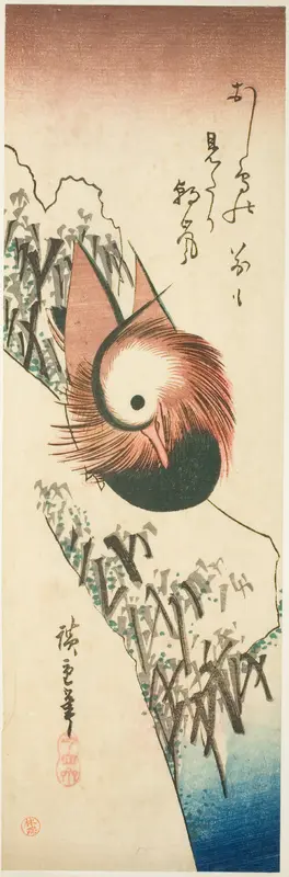 A Mandarin Duck on a Snowy Bank Wall Art by Utagawa Hiroshige - High-Resolution Digital Print