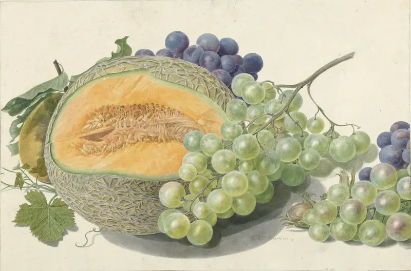 A Melon, Bunches of Grapes, a Peach and Hazelnuts Wall Art by Michiel van Huysum - High-Resolution Digital Print