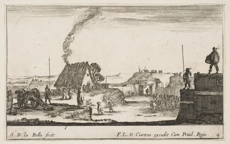 A military encampment with a soldier standing on a parapet to the right beating a drum, plate 4 from "Various Military Caprices" (Varii capricci militari) Wall Art by Stefano della Bella - High-Resolution Digital Print