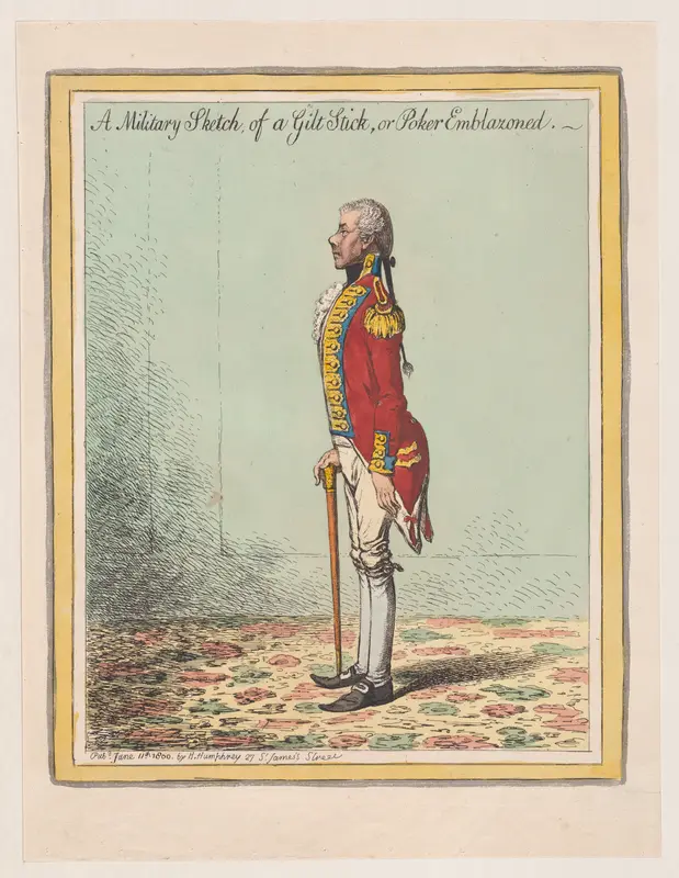 A Military Sketch, of a Gilt Stick, or Poker Emblazoned Wall Art by James Gillray - High-Resolution Digital Print