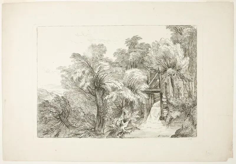 A Mill Lock in the Middle of Willows, plate 97 from Figures de différents caractères, de Paysages, et d’Etudes dessinées d'après nature (Figures of Different Characters, Landscapes, and Studies Drawn from Nature) Wall Art by François Boucher - High-Resolution Digital Print