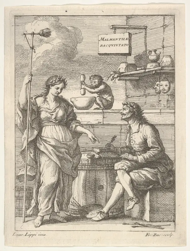A monkey working a mortar and pestle, below Lorenzo Lippi (?) writing his humorous poem "Malmantile Racquistato", a muse standing at left Wall Art by Francesco Zucchi - High-Resolution Digital Print