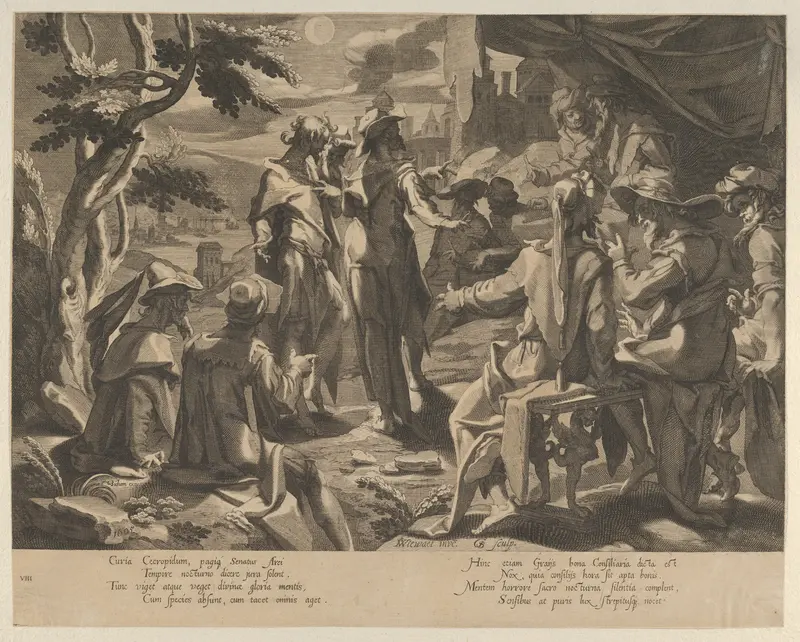 A Moonlit scene depicting the Areopagite judged of Athens, plate 8 from "Thronus Justitiae, tredecim pulcherrimus tabulis..." Wall Art by Willem van Swanenburg - High-Resolution Digital Print