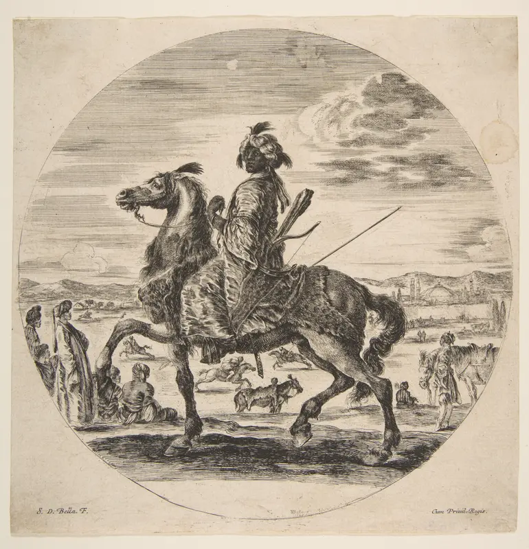 A Moorish horseman facing the left, standing and seated Turks in the middle ground, and other horsemen in the background, from 'Figures on Horseback' (Cavaliers nègres, polonais et hongrois) Wall Art by Stefano della Bella - High-Resolution Digital Print