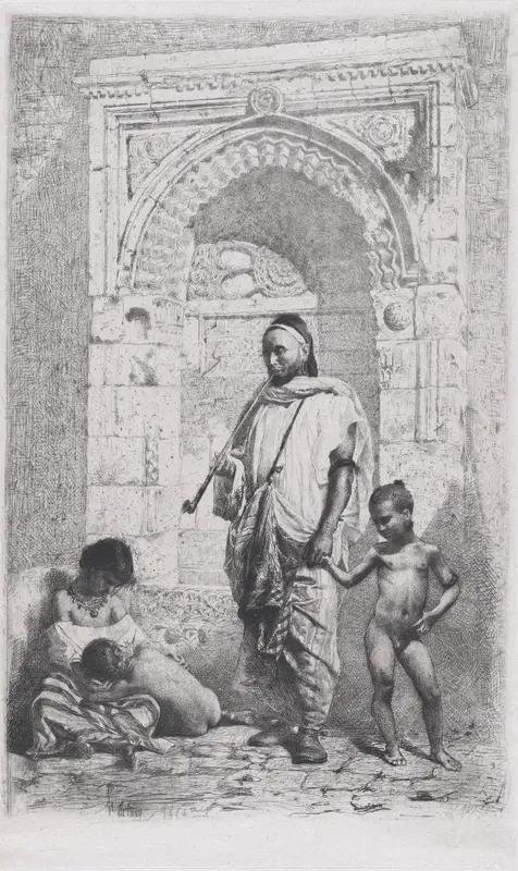 A Moroccan family in front of an arch, father standing, mother lower left on the ground holding a child Wall Art by Mariano Fortuny, 1838–1874 - High-Resolution Digital Print