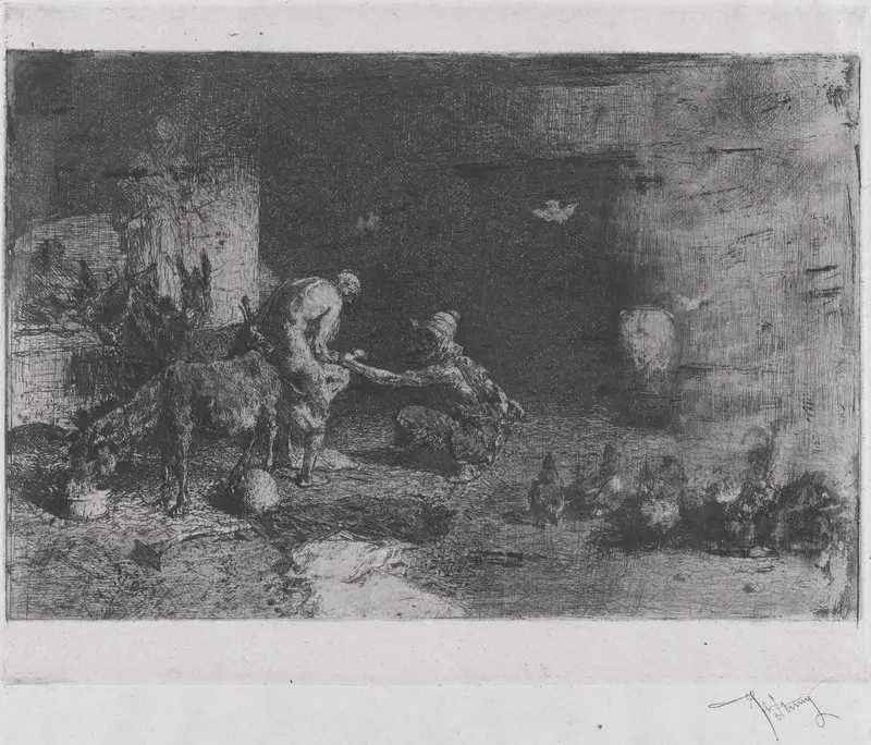 A Morrocan farrier at left accompanied by another figure attending to the hoof of a mule Wall Art by Mariano Fortuny, 1838–1874 - High-Resolution Digital Print