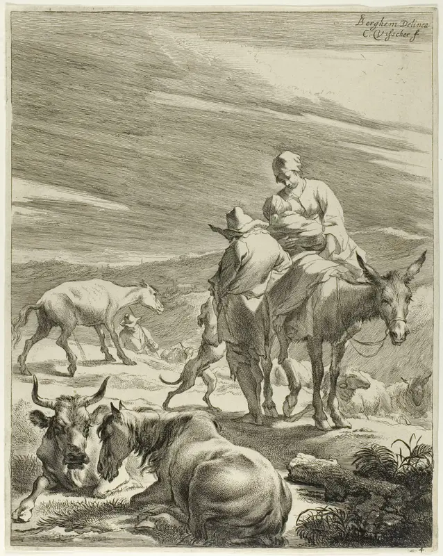A Mother an Swathed Child Riding a Donkey, plate 4 from Four Landscapes Wall Art by Cornelis Visscher - High-Resolution Digital Print