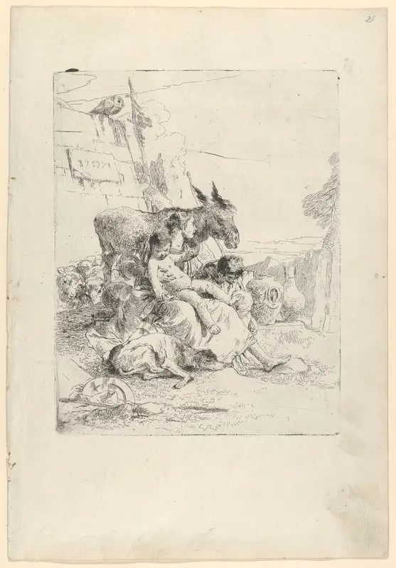 A Mother with two Children, from the Scherzi Wall Art by Giovanni Battista Tiepolo - High-Resolution Digital Print