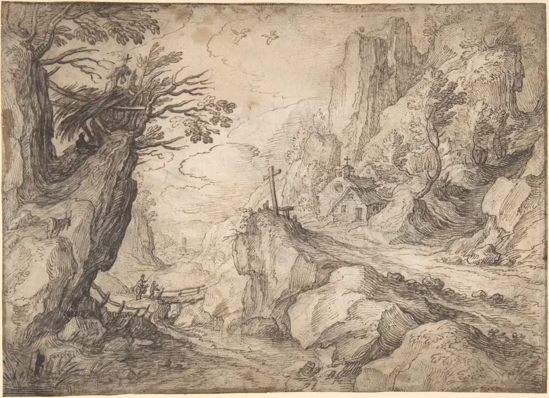 A Mountainous River Landscape with a Hermit and a Chapel Wall Art by Matthijs Bril the Younger - High-Resolution Digital Print