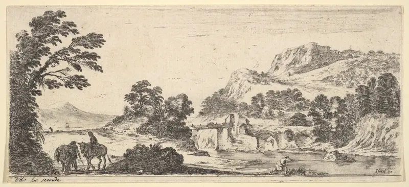 A mule carrying a woman and a peasant walking with a mule to left, a fisherman to right casting his line towards the right, a bridge in the center background, from "Various Landscapes" (Divers Paysages) Wall Art by Stefano della Bella - High-Resolution Digital Print