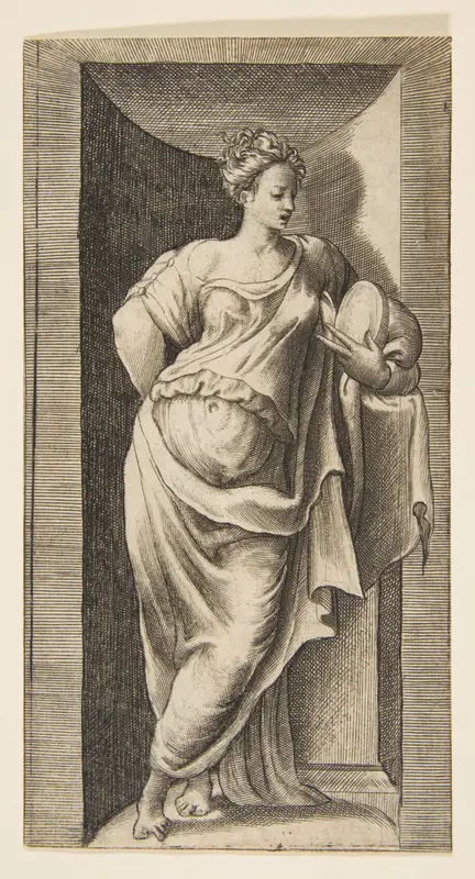 A muse standing in a niche, left arm resting in a ledge Wall Art by Giulio Bonasone - High-Resolution Digital Print