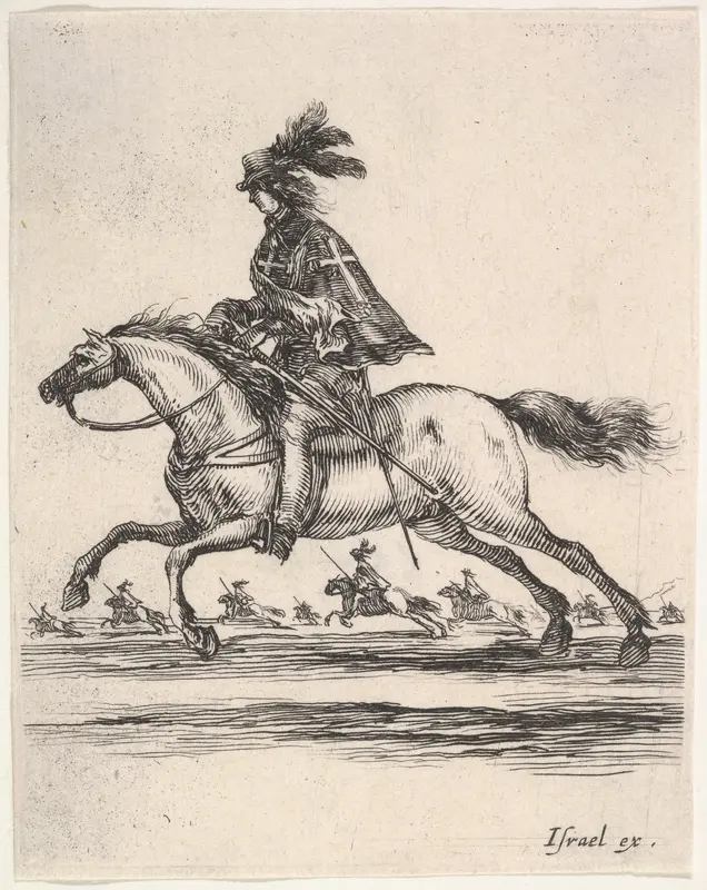 A musketeer galloping towards the left, other horsemen galloping towards the left in background, from "Various cavalry exercises" (Diverses exercices de cavalerie) Wall Art by Stefano della Bella - High-Resolution Digital Print