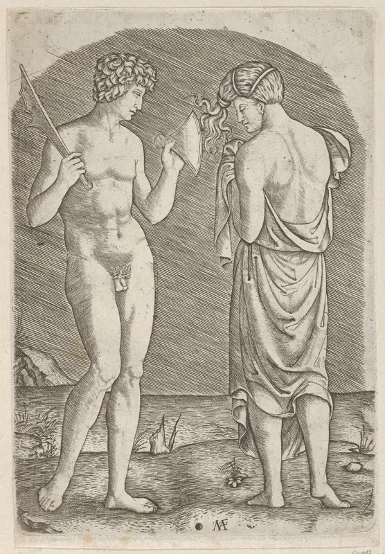 A naked man at left showing an axe to a woman at right