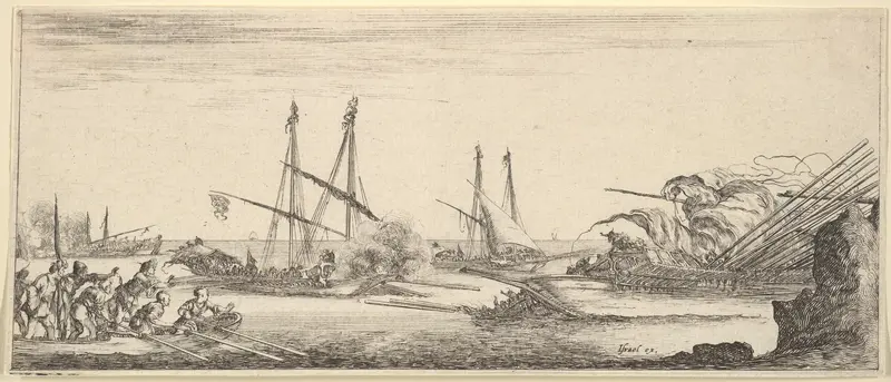 A naval battle, a rowboat full of men to left, a sinking ship to right, two galleys battling in center, other ships battle to left in the background, from "Various Landscapes" (Divers Paysages) Wall Art by Stefano della Bella - High-Resolution Digital Print