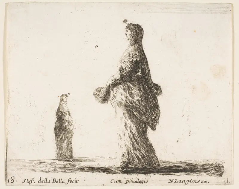 A noblewoman walking towards the left with a feathered fan, another woman in background to left, plate 18 from "Diversi capricci" Wall Art by Stefano della Bella - High-Resolution Digital Print