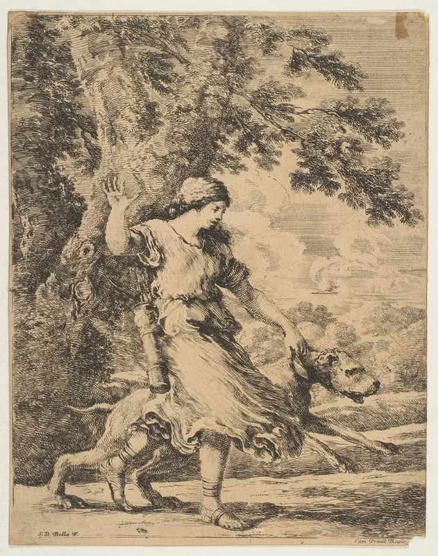 A Nymph Holding a Large Dog by its Collar Wall Art by Stefano della Bella - High-Resolution Digital Print