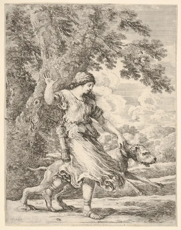 A nymph holding a large dog by the collar (La belle chasseresse) Wall Art by Stefano della Bella - High-Resolution Digital Print
