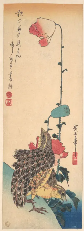 A Pair of Quails and Poppies