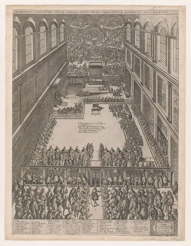 A Papal Gathering in the Sistine Chapel, Michelangelo's Last Judgement on the back wall; the crowd looks on through a screen, from "Speculum Romanae Magnificentiae" Wall Art by Giovanni Ambrogio Brambilla - High-Resolution Digital Print