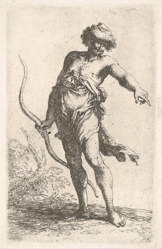 A partially dressed man holding a bow in his left hand and pointing with his right, from "Figurine" Wall Art by Salvator Rosa - High-Resolution Digital Print