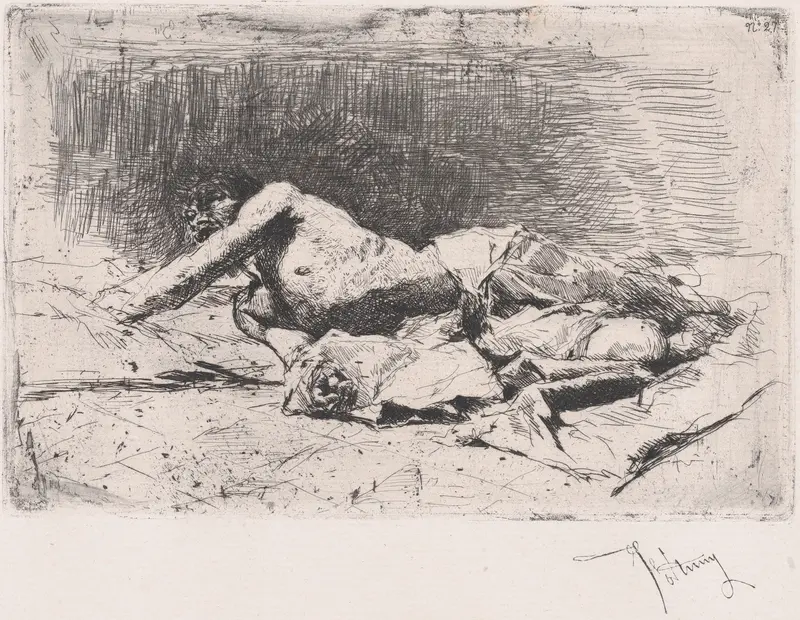 A partly naked man on the ground, right arm outstretched Wall Art by Mariano Fortuny, 1838–1874 - High-Resolution Digital Print