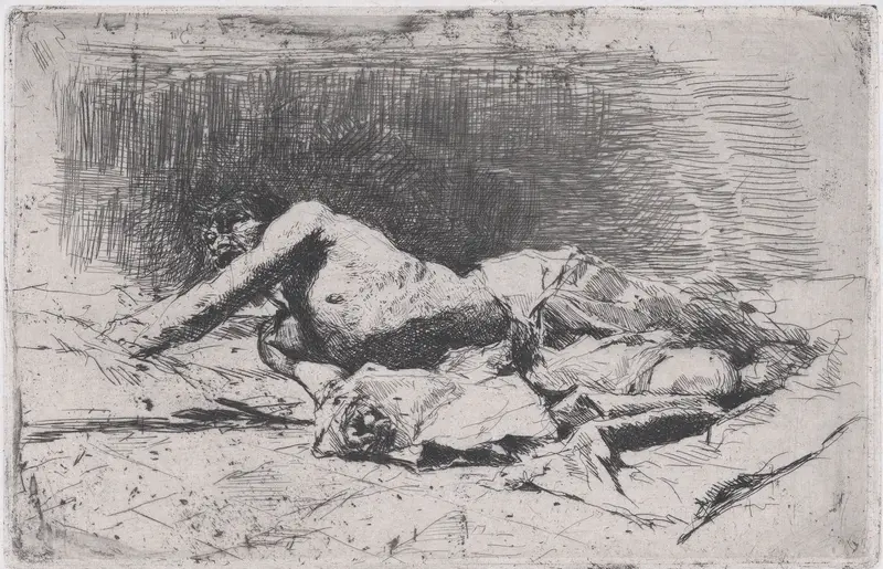 A partly naked man on the ground right arm outstretched Wall Art by Mariano Fortuny, 1838–1874 - High-Resolution Digital Print