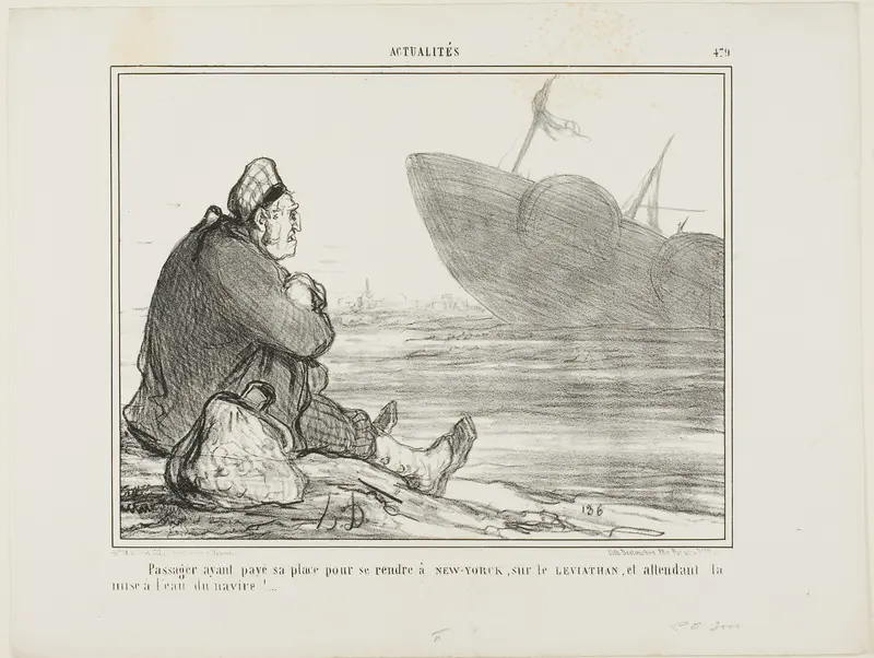 A passenger having paid his ticket to NEW YORK on the LEVIATHAN, waiting for the ship finally being put into the water, plate 479 from Actualités