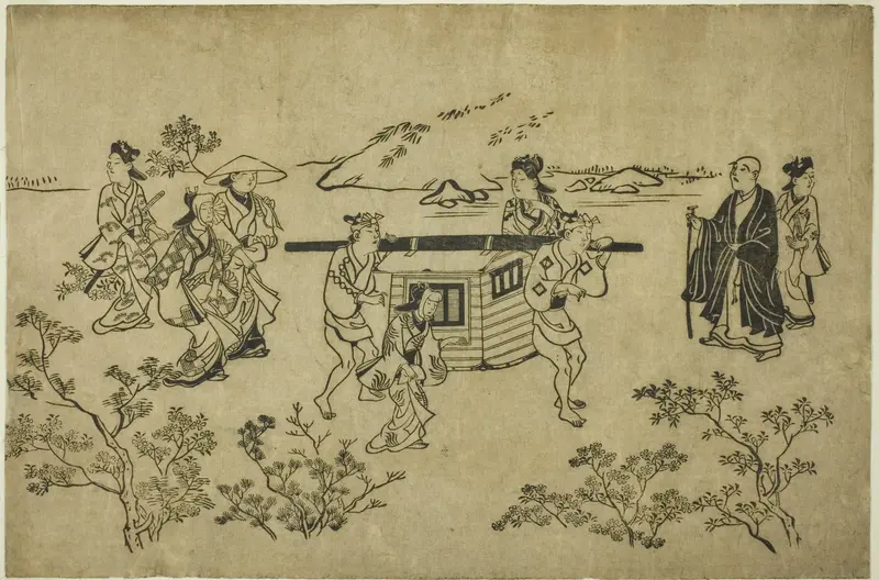 A Passing Palanquin, from the series "Scenes of Flower-viewing at Ueno (Ueno hanami no tei)" Wall Art by Hishikawa Moronobu - High-Resolution Digital Print