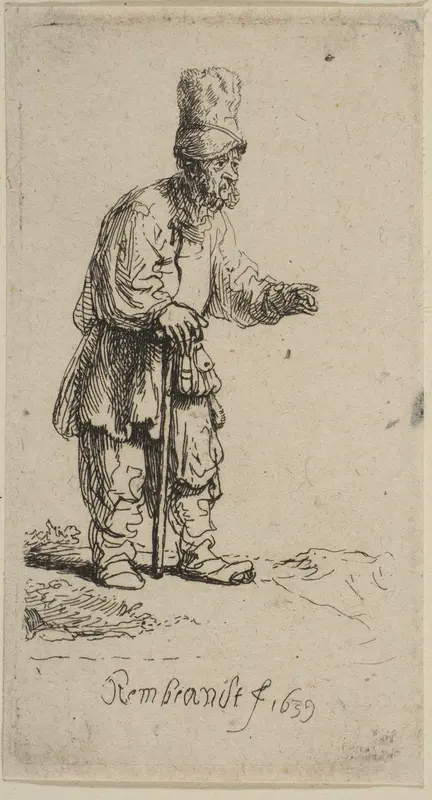 A Peasant in a High Cap, Standing Leaning on a Stick Wall Art by Rembrandt (Rembrandt van Rijn) - High-Resolution Digital Print