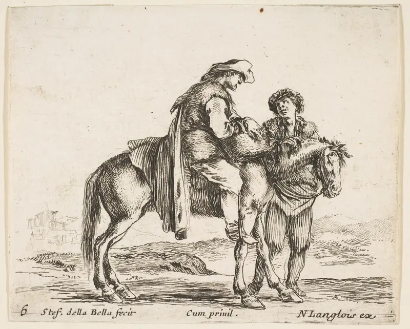 A peasant on horseback in profile facing the right, holding a basket and talking to another man standing behind the horse, plate 6 from "Diversi capricci" Wall Art by Stefano della Bella - High-Resolution Digital Print