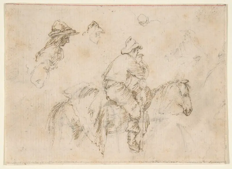 A Peasant on Horseback seen in Profile Facing Right; Two Studies of the Same Man's Head. Wall Art by Stefano della Bella - High-Resolution Digital Print